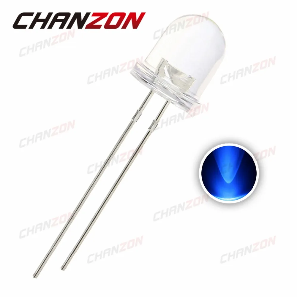 50pcs 8mm LED Diode Blue Transparent Ultra Bright 20mA 3V 450 455nm Water Clear Round Through