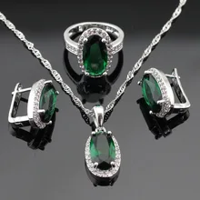 Verde sintético Creado Esmeralda CZ Blanco Color Plata Mujeres Sistemas de La Joyería Pendientes de Aro/Colgante/Collar/Anillos de Envío Caja de regalo