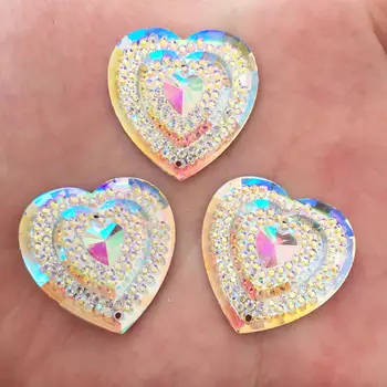 

60PCS 25mm white AB resin heart flat back rhinestone wedding decorate 2 hole