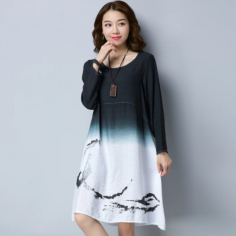 Womens Plus Size Clothing Elegant linen Ladies Casual spring Fashion Dress Long Sleeve Pockets Print Loose Midi Fall Dress 2018