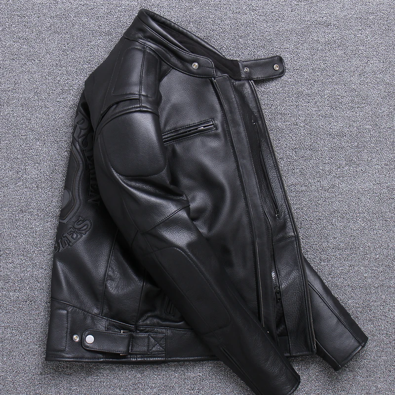 Модная мужская куртка из натуральной кожи со стоячим воротником, куртка из натуральной воловьей кожи, приталенная байкерская куртка для мотоцикла