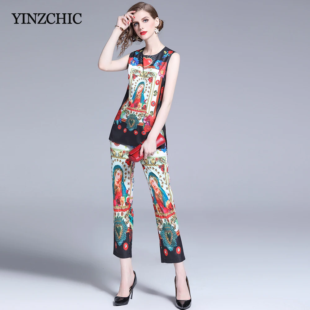 

Vintage Woman Summer Printed Sets Female T-shirt Pants Suits for Work Elegant Two-pieces Sets Women