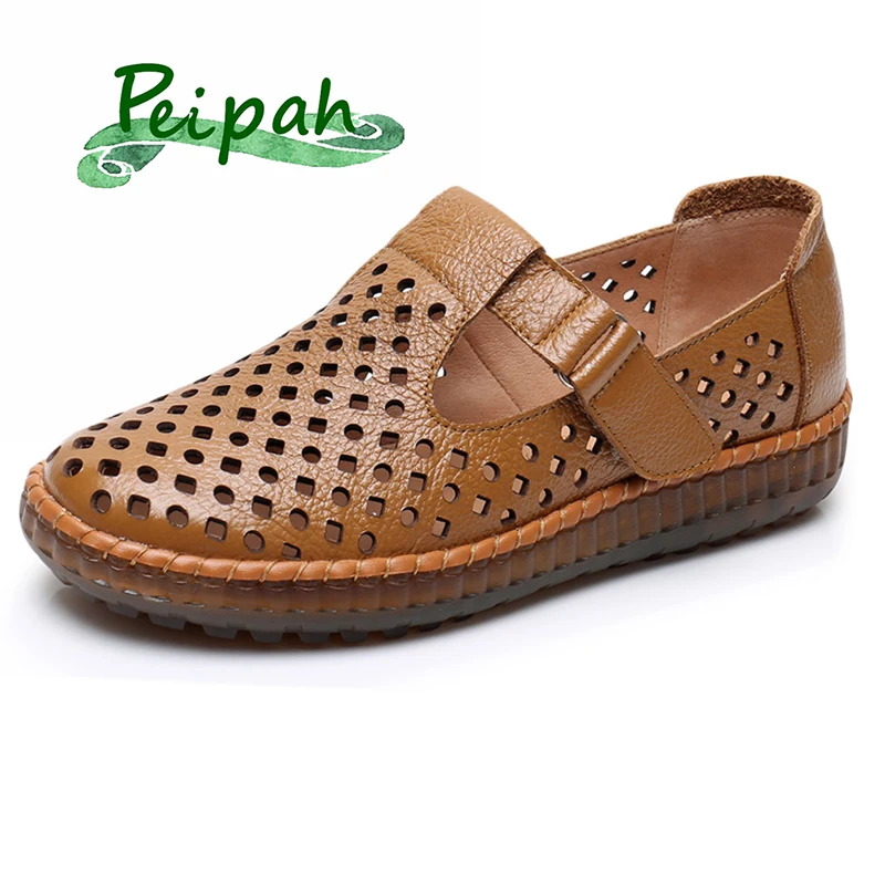 

PEIPAH Handmade Women's Flats Shoes 2019 Summer Genuine Leather Rome Shoes Hollow Hole Woman Retro Solid Gladiator Sandals