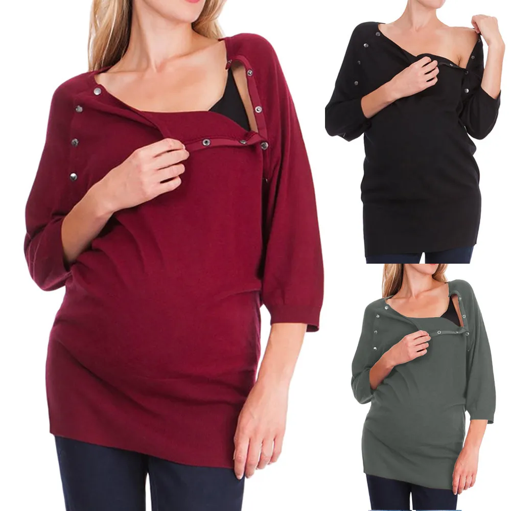 Повседневная Верхняя одежда для грудного вскармливания блузка для женщин кормящих Кнопка Половина рукава Чистая свободная одежда для беременных ropa de mujer беременность