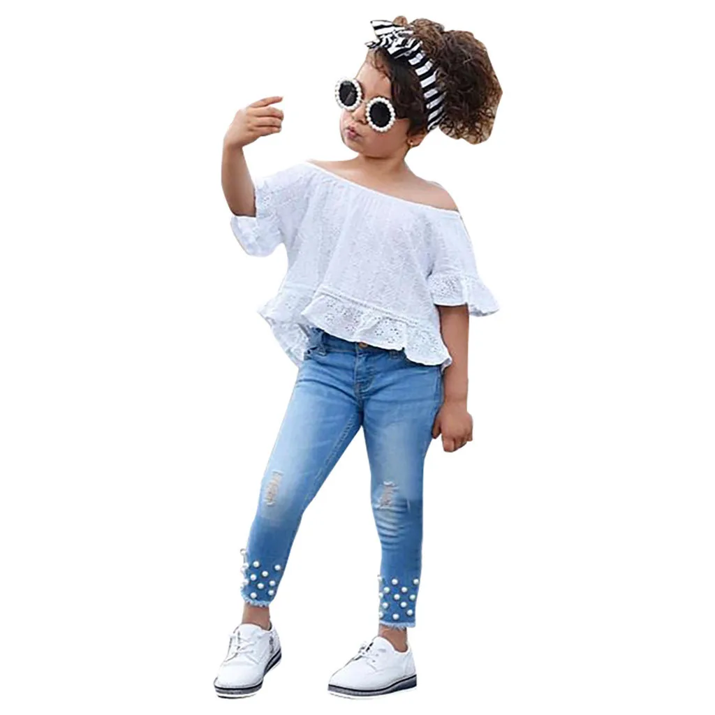 Детская одежда для девочек г. Летний детский топ с короткими рукавами и кружевом+ джинсовые штаны комплект одежды для девочек, От 1 до 5 лет