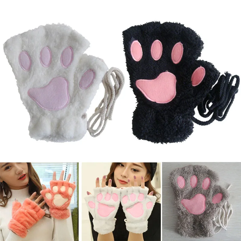 Модные зимние женские плюшевые перчатки милый медведь кошка коготь лапа варежки короткие без пальцев женские девочки половина пальца