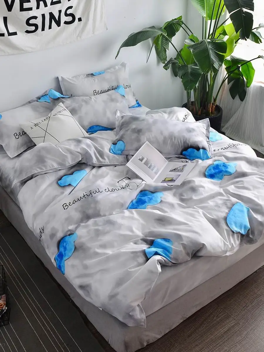 

3/4Pcs Bed Sheet Set Cartoon Cloud Letter Pattern Fresh Style Soft Home Linen Set