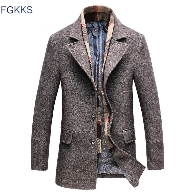 

FGKKS Men Winter Wool Coat 2019 Men's Casual Solid Color Warm Thick Wool Blends Woolen Pea Coat Male Trench Coat Overcoat
