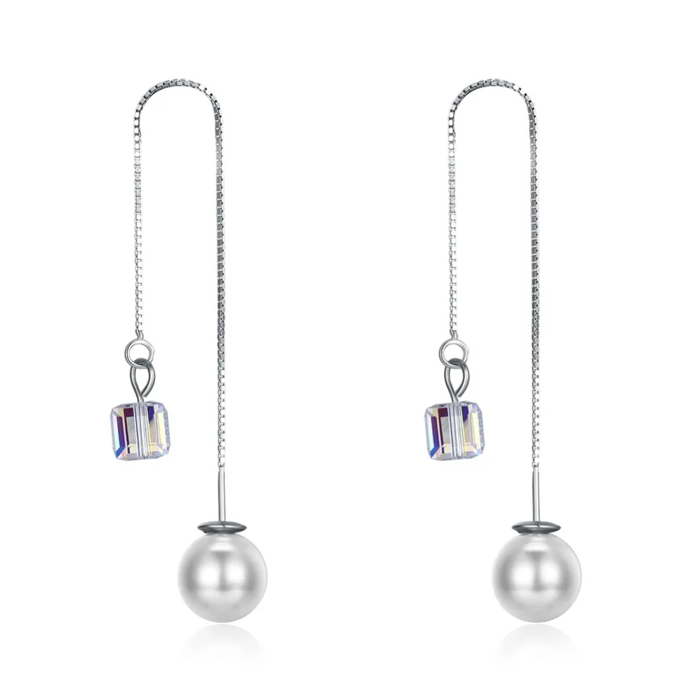

It is silver certificate!Pure 100% 925 Sterling Silver crystal drop earrings for women wedding long pearl earing jewelry brincos