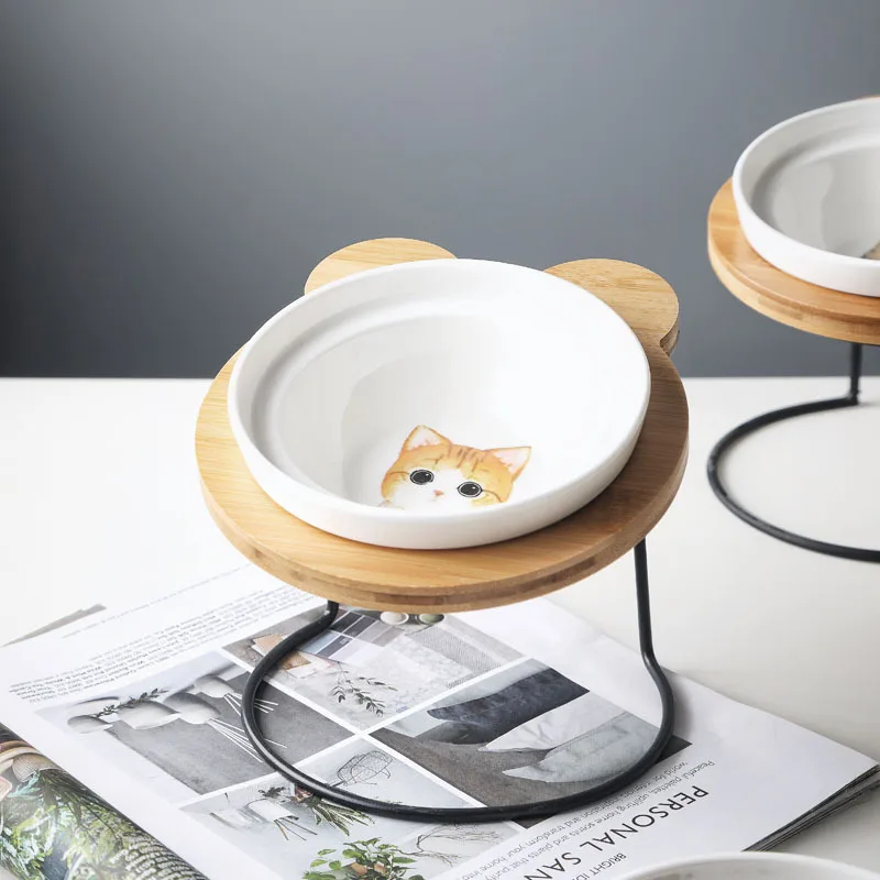High-end Pet Bowl Various Cartoon Patterns Stainless Steel Shelf Ceramic Bowl Feeding and Drinking Bowls for Dogs and Cats