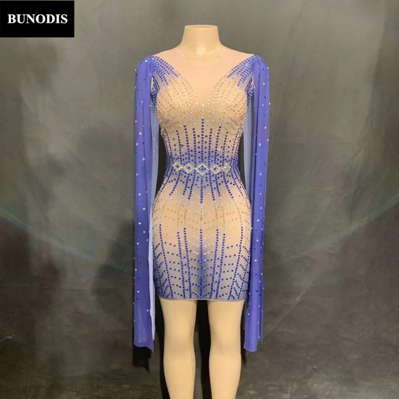 

ZD463 Women Sexy Net Yarn Skirt Blue Long Sleeve Full Of Sparkling Crystals Nightclub Party Stage Wear Dancer Singer Bling