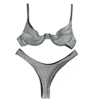 

Womens Sexy Two Piece Bikini Set Metallic Glitter Reflective suit Push Up Underwire Bra Triangle Thong Bathing Suit Clubwear