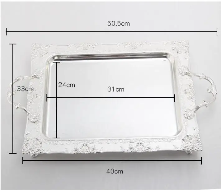 50X33X4.5cm Мода прямоугольник Серебряный Металл сервировочный декоративный поднос фрукты с ручкой столовые приборы слив декоративные подносы для торта disply FT018 - Цвет: 50X33X4.5cm