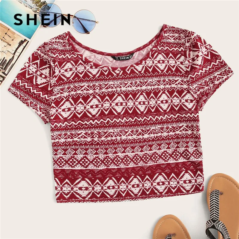 

SHEIN Tribal Aztec Print Short T Shirt Women Boho Burgundy Round Neck Crop Top T Shirt Slim Fit Cap Sleeve Tshirt Summer Top