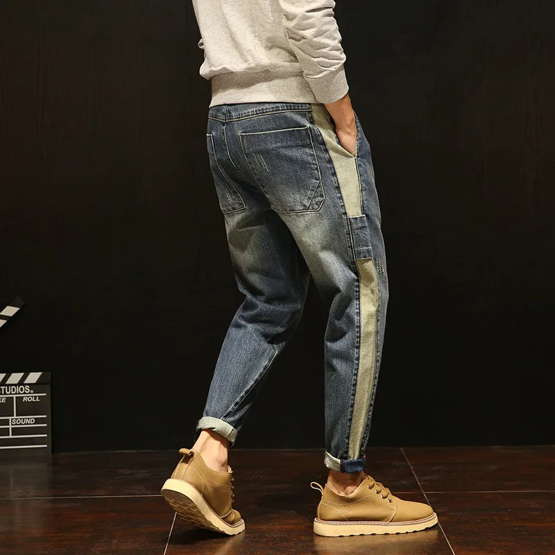 

Fashion Brand Warm Jeans pants Men Winter Autumn Stripe stitching Jeans Male Large size Loose Denim Trousers Collapse Hip hop