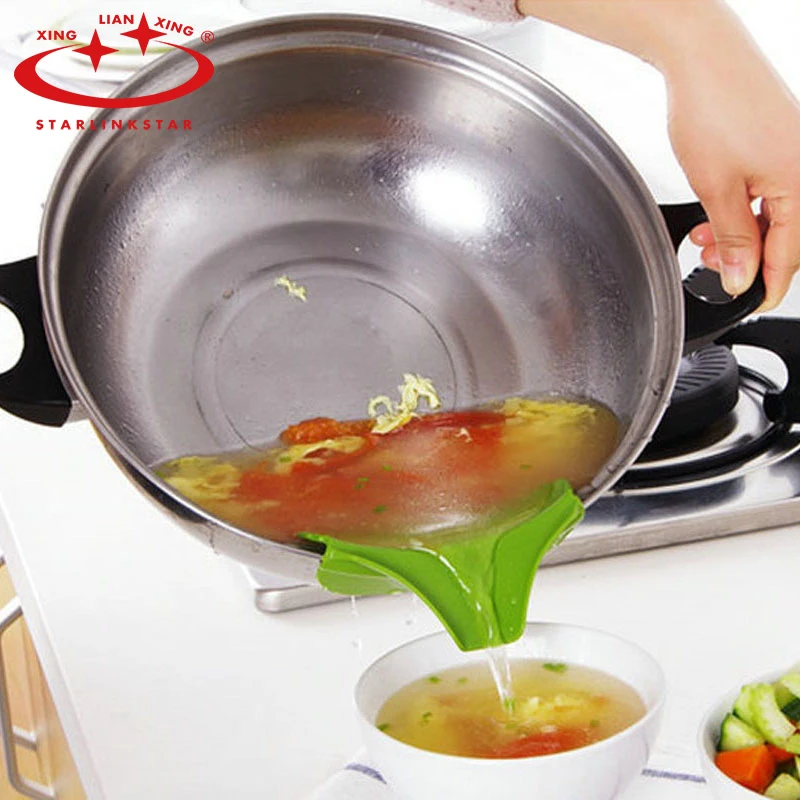 

1Pc 2016 New Creative Liquid Silicone Funnel Soup Pot Circular Rim Deflector Anti Leakage Cooking Tools Kitchen Accessories