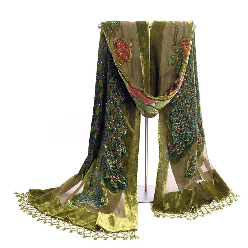 

Fashion Green Women's Velvet Silk Beaded Embroidery Shawl Scarf Wrap Scarves Peafowl Mujer Bufanda Chal Size 50 x 190 cm Jsh001D