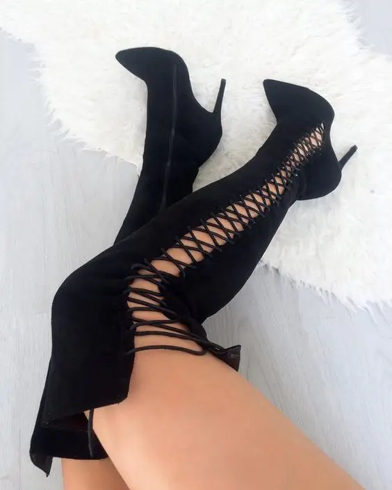 Hot selling black suede side lace-up high heel boots pointed toe stiletto heel shoes woman boots over the knee riding boots