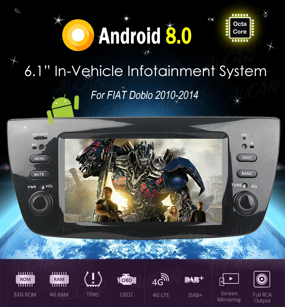 Excellent Android 8.0 Car DVD Player for Fiat Doblo 2010 - 2014 Car GPS Multimedia System HD Bluetooth Radio WIFI FM AM RDS 4G AUX 1 Din 5