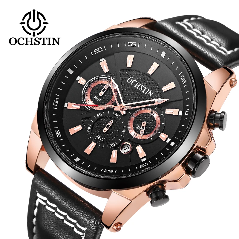 

OCHSTIN Luxury Brand Mens Watch Fashion Casual Male Waterproof Chronograph Clock Sport Leather Strap Wrist Pilot Quartz Watches