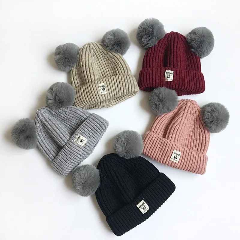 Newborn Baby Warm Wool Knit Beanie Dual Fur Pom Bobble Beret Hat Crochet Ski Cap