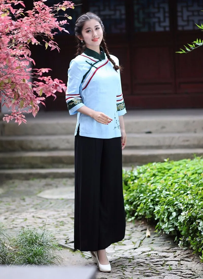 Новое поступление, светло-голубые, черные, китайские женские комплекты с рубашкой и штанами, хлопковый льняной костюм Tang, одежда Размер S M L XL XXL XXXL 2619-3