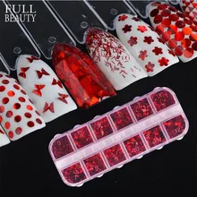Полная красота 12 сетки/Чехол блеск для ногтей Блестки Красный Холо тонкий круглый/бабочка/Звезда блестки дизайн ногтей хлопья листы советы CH027