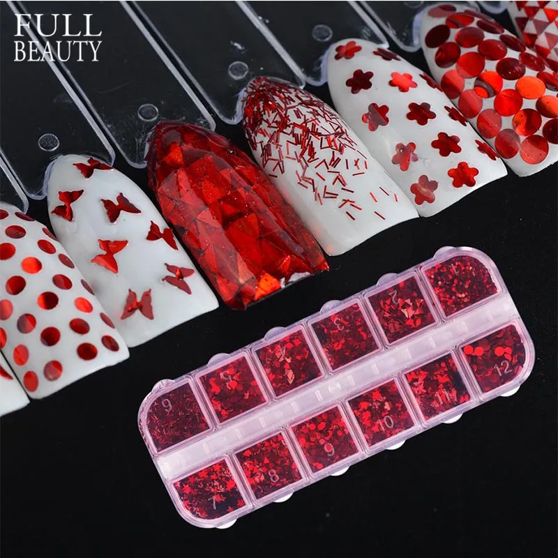

Full Beauty 12 Grids/Case Nail Glitter Sequins Red Holo Thin Round/Butterfly/Star Paillette Nail Art Flakes Sheets Tips CH027
