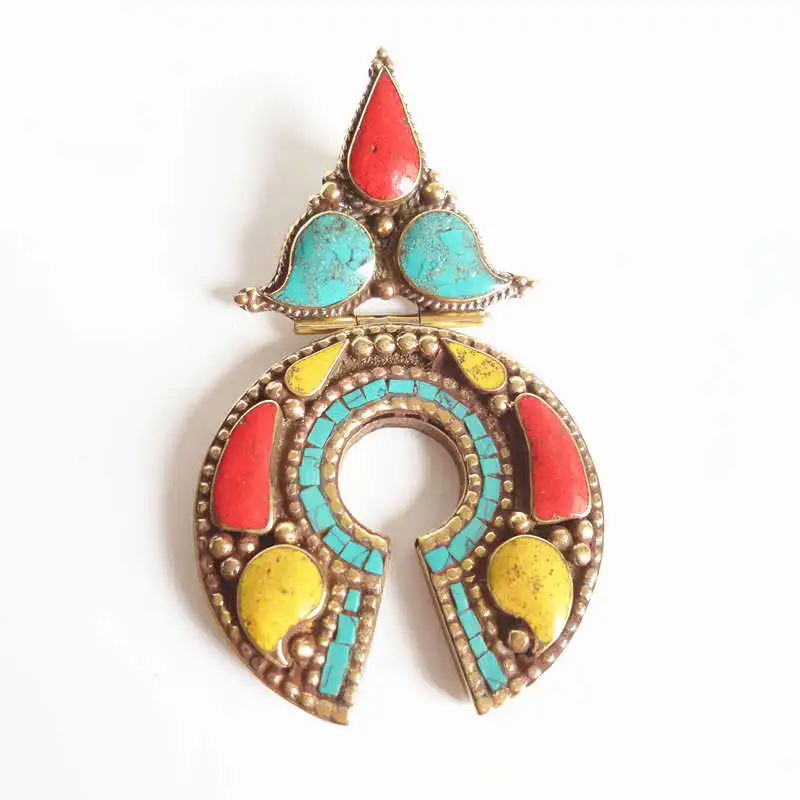 

TBP020 Tibetan Amulet Big Pendants Nepal Hand Jewelry Copper Inlay Colorful Stone Arrow
