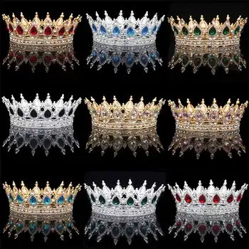 Gold Silver Crystal Tiaras Baroque Round Crown Classic Royal Queen