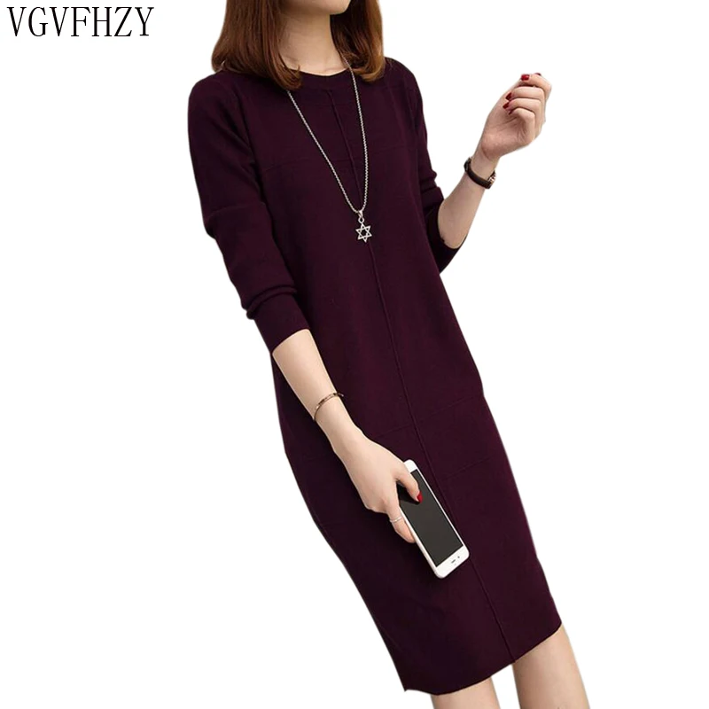 

Plus size Women's Autumn Winter Loose Sweater Dress 2018 Solid Simple Dress Round neck Long sleeve Knit Dress warm Female LY1121