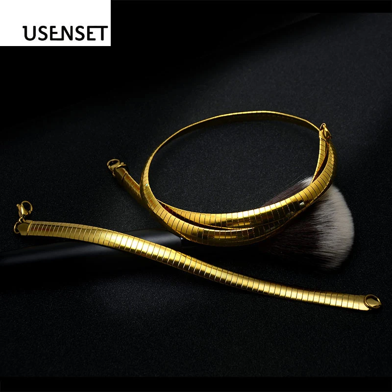4-8mm Stainless Steel Choker Collar Women Jewelry Torques Snake Chain Necklace Bracelet Set Gifts USENSET velvet choker necklaces snake necklace metal choker necklace women jewelry