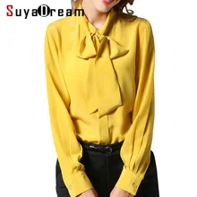 Женская шелковая рубашка, натуральный шелк, воротник-бант, длинный рукав, Повседневная рубашка, Осень-зима, офисный женский топ, рубашка, красный имбирь