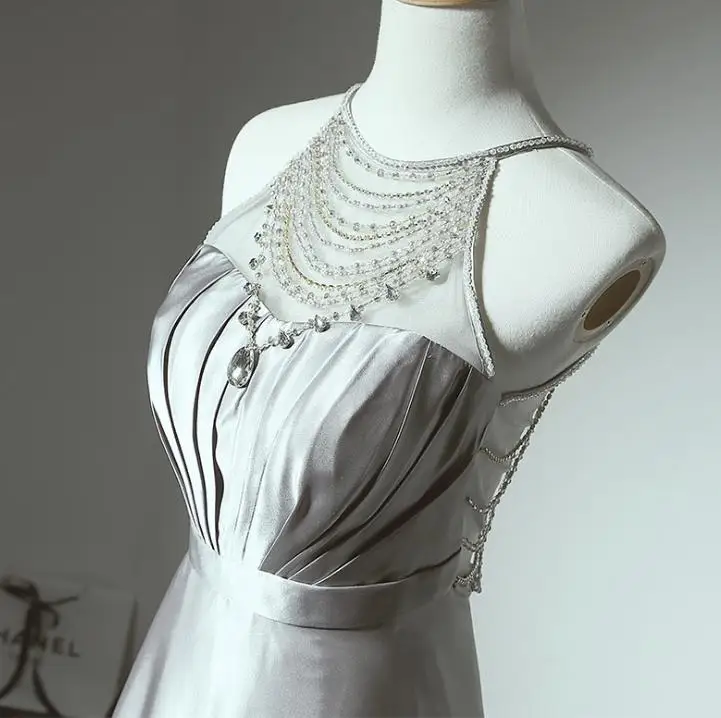 VENSANAC 2018 Luxury Crystal Beading Halter Pleat A Line Long Evening Dresses Party Sash Backless Sweep Train Prom Gowns