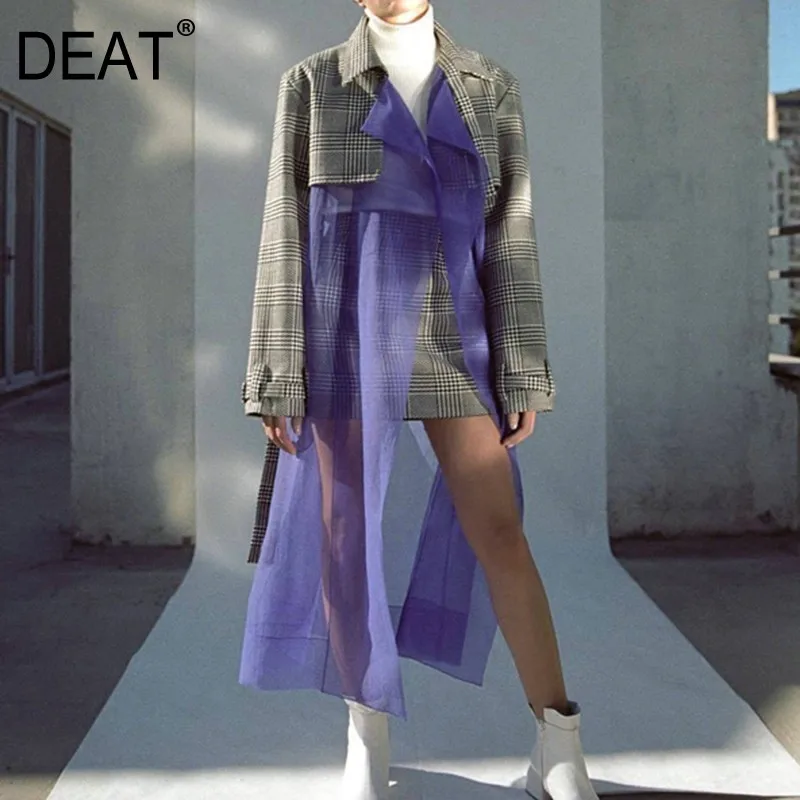 

[DEAT] High Quality 2019 Spring Transparent Organza Spliced Plaid Loose Lace Up Long Section Coat Fashion New Women's LA40
