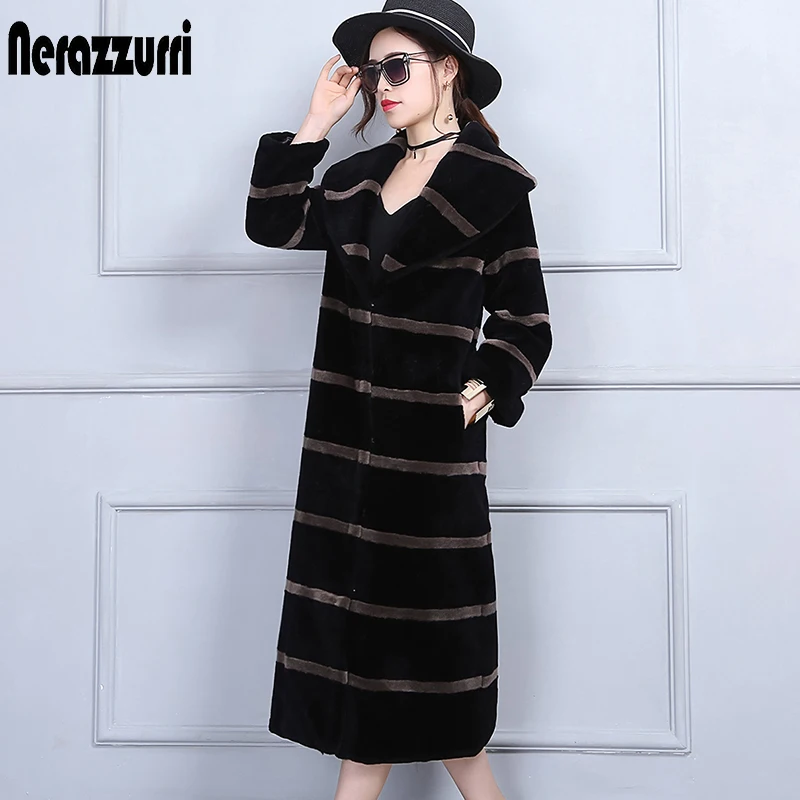 

Nerazzurri Real Fur Coat x-long Striped Natural Long Sleeve Plus Size 5XL 6XL Genuine Women Wool Sheep Shearring Fur Overcoat