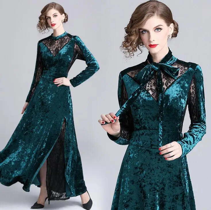 long sleeve green velvet maxi dress