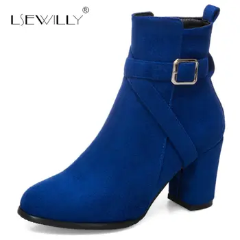 

Lsewilly 2018 black beige fashion women boots round toe flock ladies boots zipper square heel buckle ankle boots size 33-52 S964