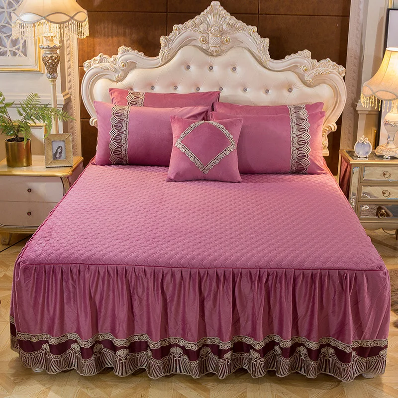 

Royal Red Princess Bedding Bed Textile Set Pillowcases Velvet Thick Warm Lace Bed Sheets Mattress Cover King Queen Size Home Use