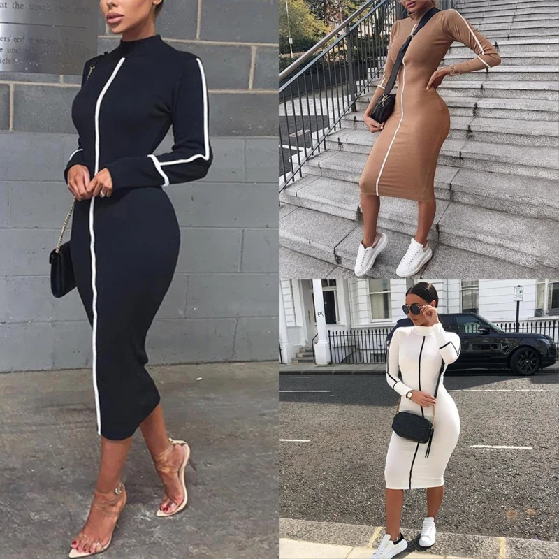 

2019 Summer And Autumn Women High Street O-Neck Color Long Sleeve Mid-Calf Dress Temperament Slim Patchwork Contrast Midi Dress