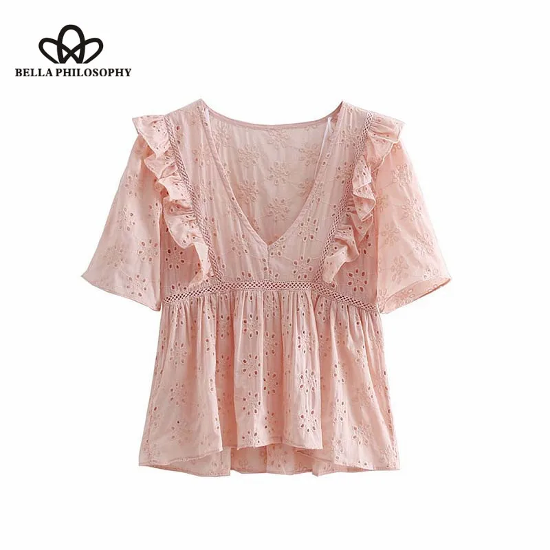 Wonder 2018 new sweet ruffled embroidery blouse V neck hollow out short sleeve pleated shirts ladies casual cute tops blusas