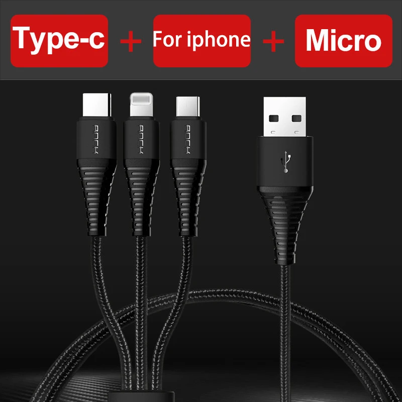 ROCK 3 в 1 высокопрочный usb type C Micro USB и зарядный кабель для iPhone, телефонный кабель для iPhone зарядное устройство usb-c шнур провод - Цвет: 3 in 1 Black