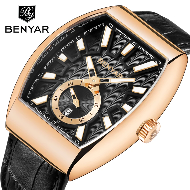 

BENYAR Top Brand Luxury Rose Gold Fashion Quartz Watch Men Leather Strap Waterproof Men's Watch Business Style Male Clock