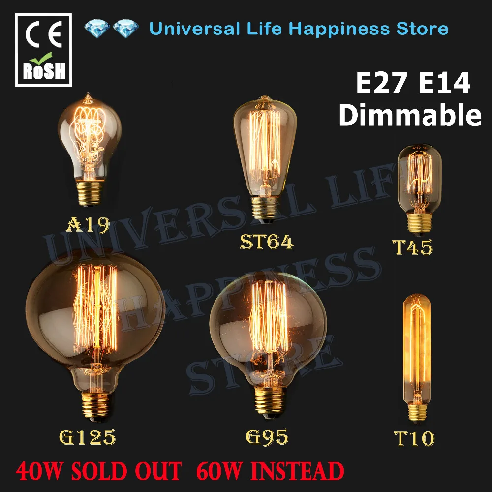 

E27 E14 40W 60W Vintage Edison Lamp Light Bulb C35 Flame Candle G125 G95 ST64 T45 A19 T10 110V 220V