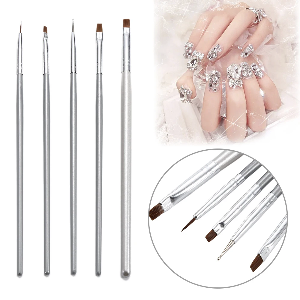 

5PCs/Set Painting Silver Brush Nail Art UV Gel 3D Manicure Design Draw Paint Pen Non-corroding Nail Polish Builder Manicure Tool