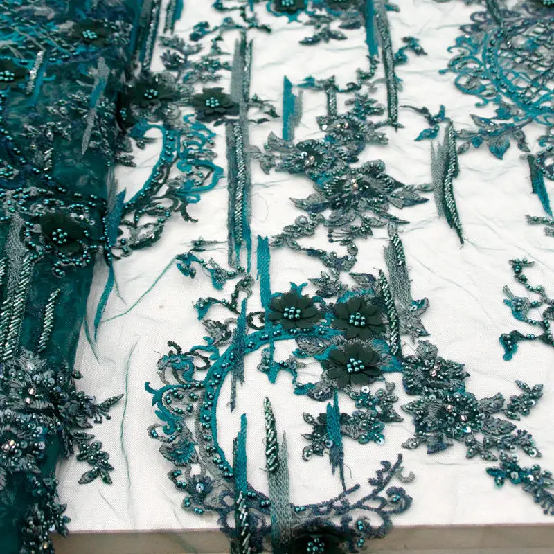 

3D Applique African Lace Fabric, Gorgeous Embroidered Teal Green Tulle Lace Fabric, Handmade Beaded Heavy Lace 15 Yards RG543