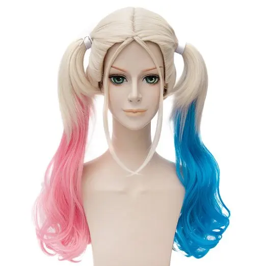 Suicide Squad Harley Quinn Cosplay Wig Lolita Curly Pigtail Hair (Pink Blue) on