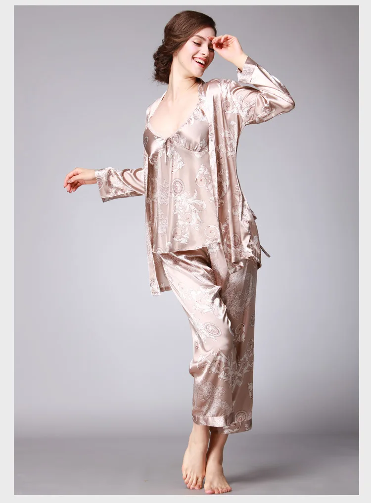 QWEEK Sexy Sleep Lounge 3 Pieces V-Neck Women Pajamas Set Elegant Print Long Sleeve Pyjamas Women Sleepwear Women Nightwear