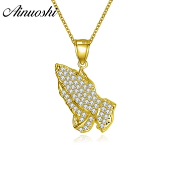 

AINUOSHI 14K Solid Yellow Gold Pendant Christ Hands Prayer Pendant Christian Disciple Priests Jewelry Amulet Silent Pray Pendant