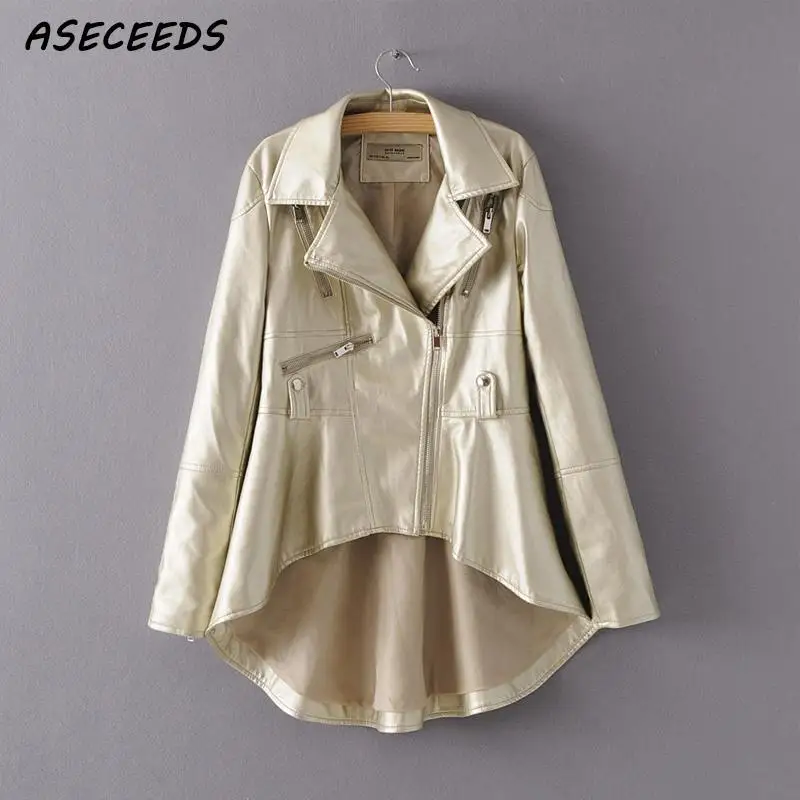 

Spring black Gold PU Leather Jacket women Fashion loose long Motorcycle coat Streetwaer zipper punk Biker jacket casual outwear